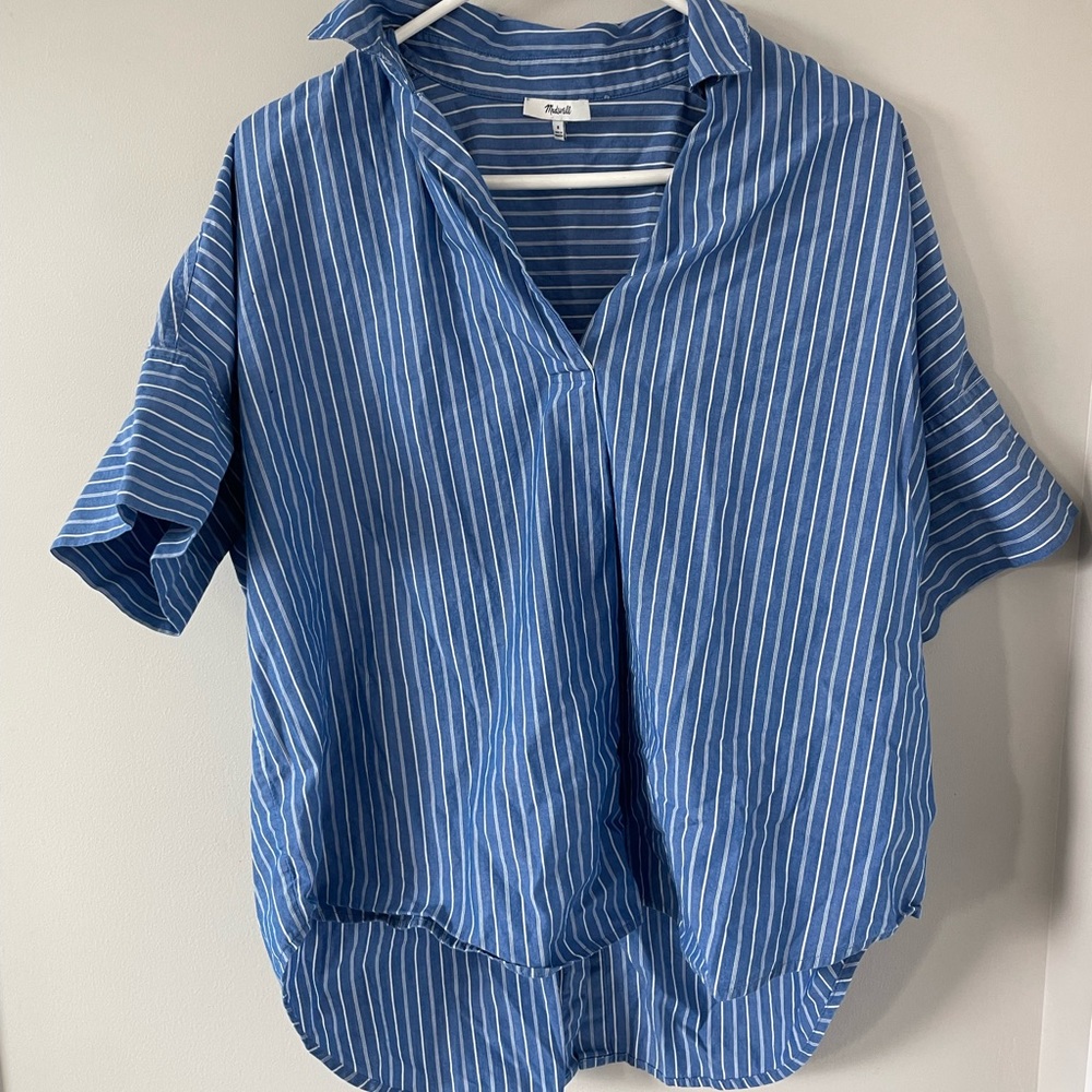 blue and white striped madewell collared shirt